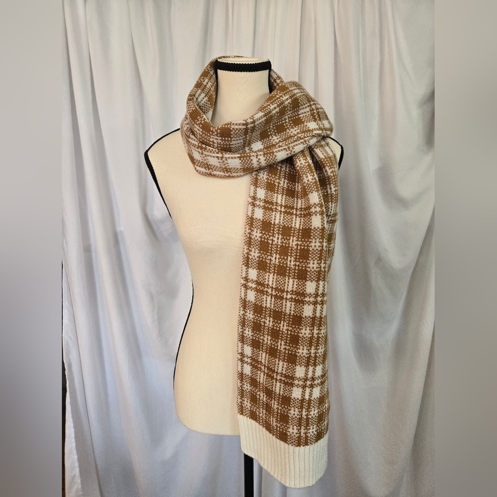 Timberland Buffalo Plaid Knit Scarf Cozy Logo Checkered Tan Cream Cozy OS - Picture 2 of 7